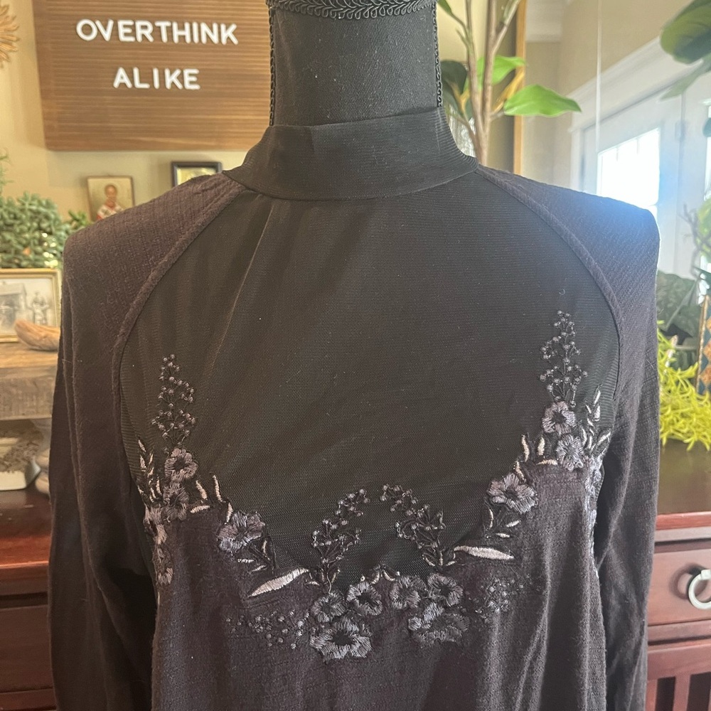 Free People Black Floral Embroidered with Sheer Panels Tunic